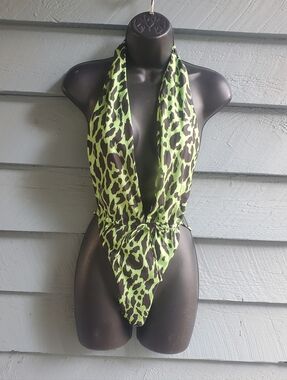 Neon Green Leopard Halter One-Piece Swimsuit